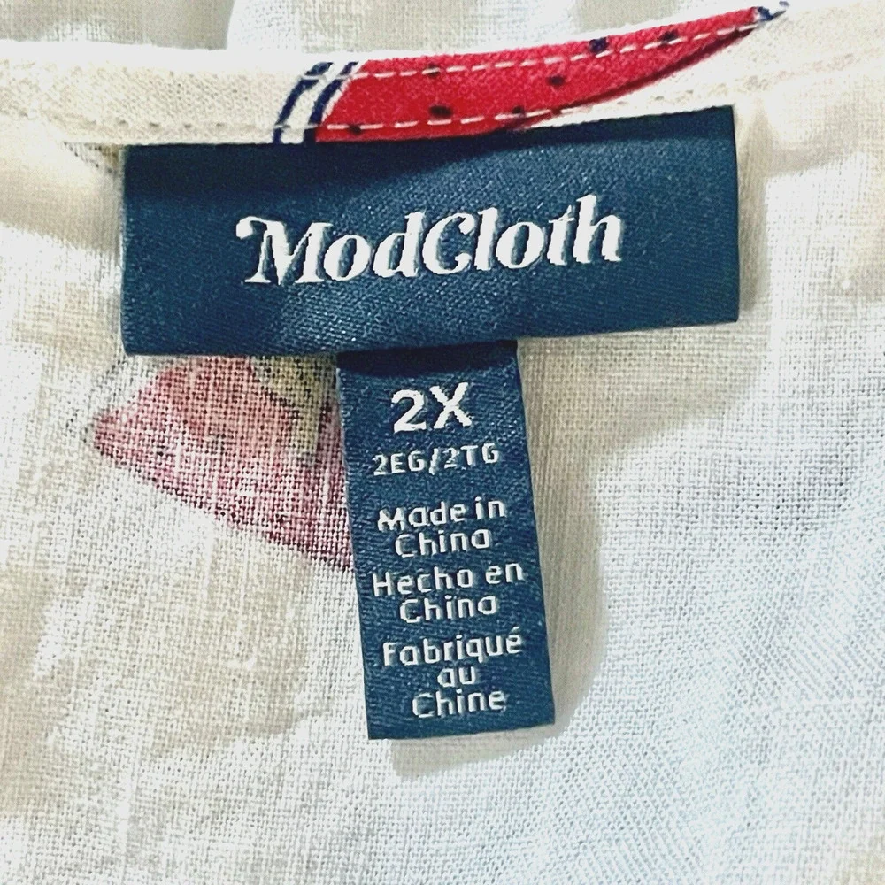 ModCloth Womens Linen Blouse Plus Size 2X Pack a Picnic Fruit Print Tie-Front - Picture 9 of 15